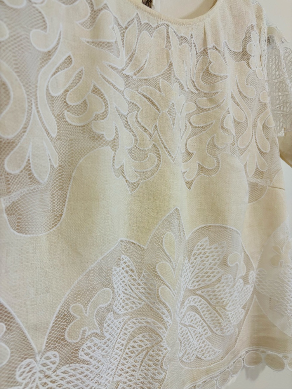 Women's Cream Lace Overlay Short Sleeve Top - Picture 4 of 6